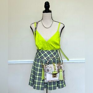 Neon green crop top and green checked tennis mini skirt. Both L
